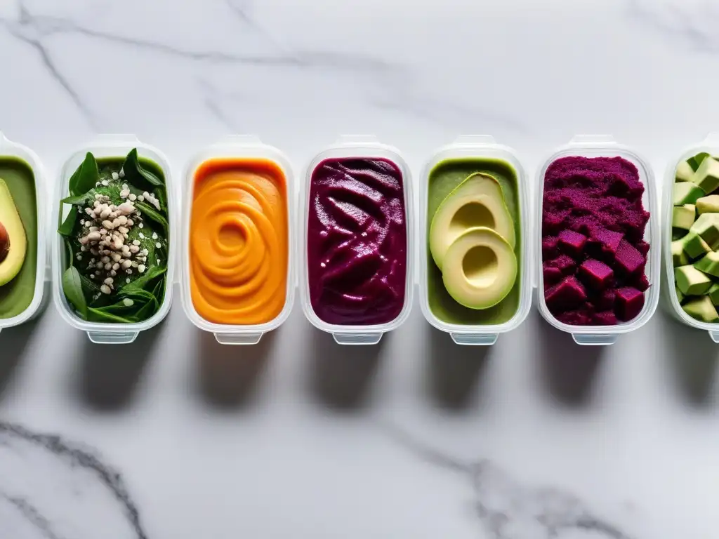 Una selección vibrante de alimentos veganos para bebés en porciones, sobre una elegante encimera de mármol blanco