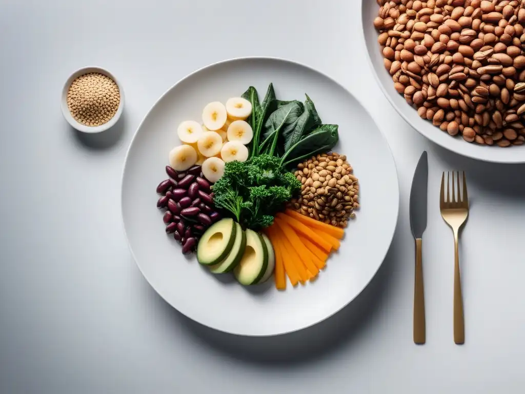 Una selección vibrante de alimentos veganos en un plato blanco, transmitiendo vitalidad y balance para cubrir las necesidades diarias de zinc vegano