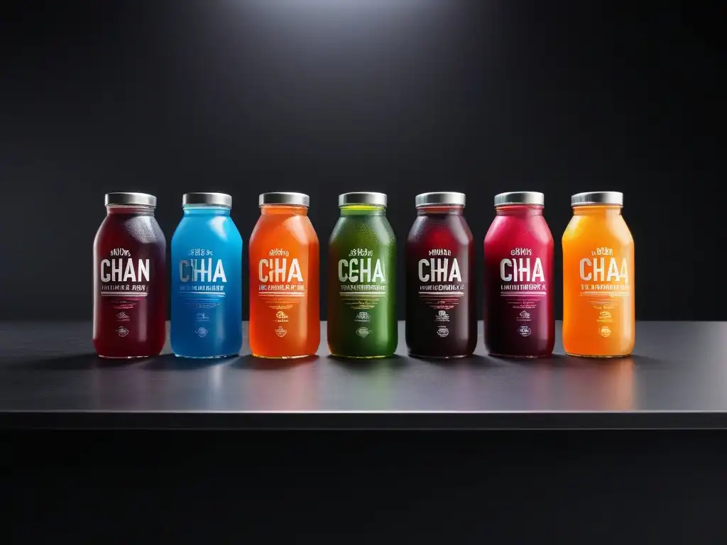 Una selección vibrante de bebidas veganas para entrenamiento, con etiquetas coloridas y refrescantes en un elegante mostrador negro