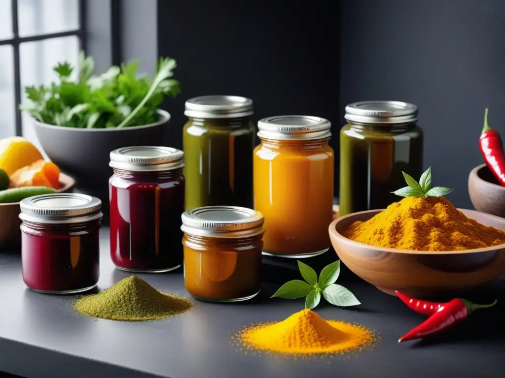 Una selección vibrante de chutneys veganos con especias exóticas, destacando colores y texturas en una cocina moderna