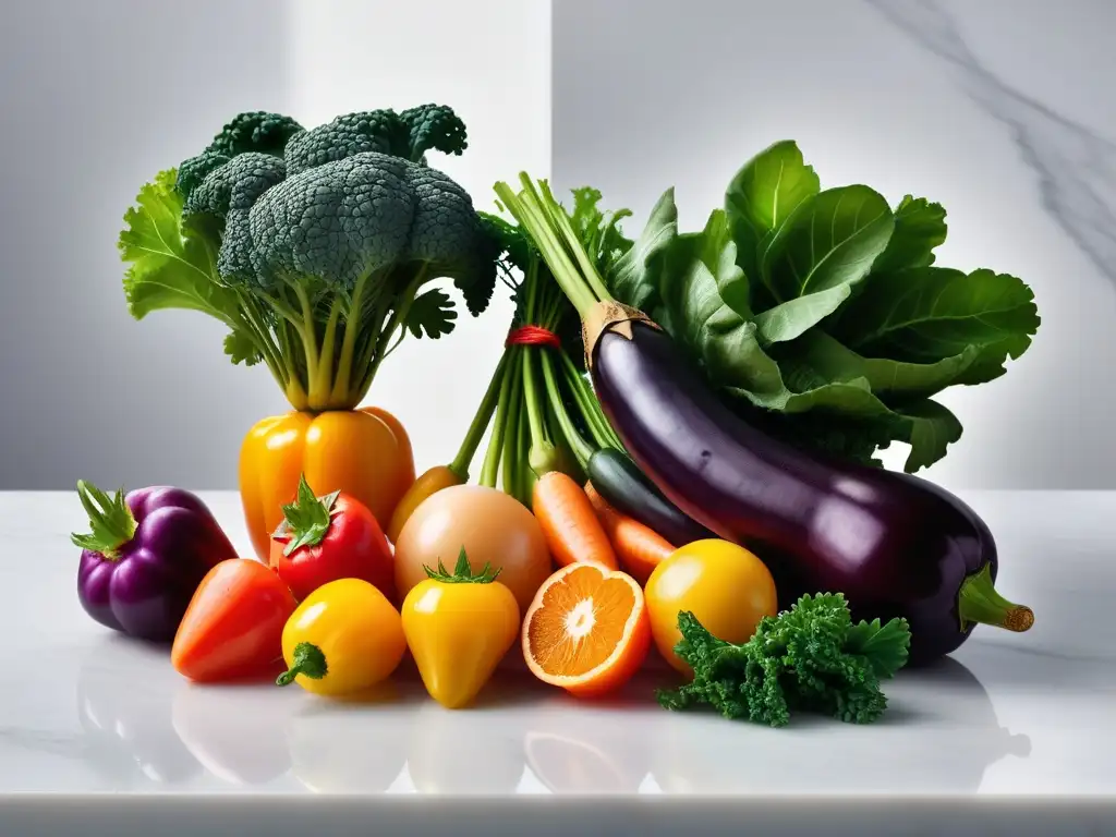 Una selección vibrante de frutas y verduras frescas en una cocina moderna, reflejando vitalidad