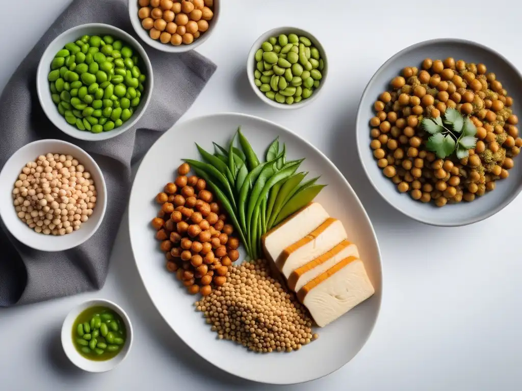 Una selección vibrante de ingredientes esenciales para cocina vegana asiática: tofu, tempeh, edamame, lentejas y garbanzos, presentados de forma artística en una bandeja blanca moderna