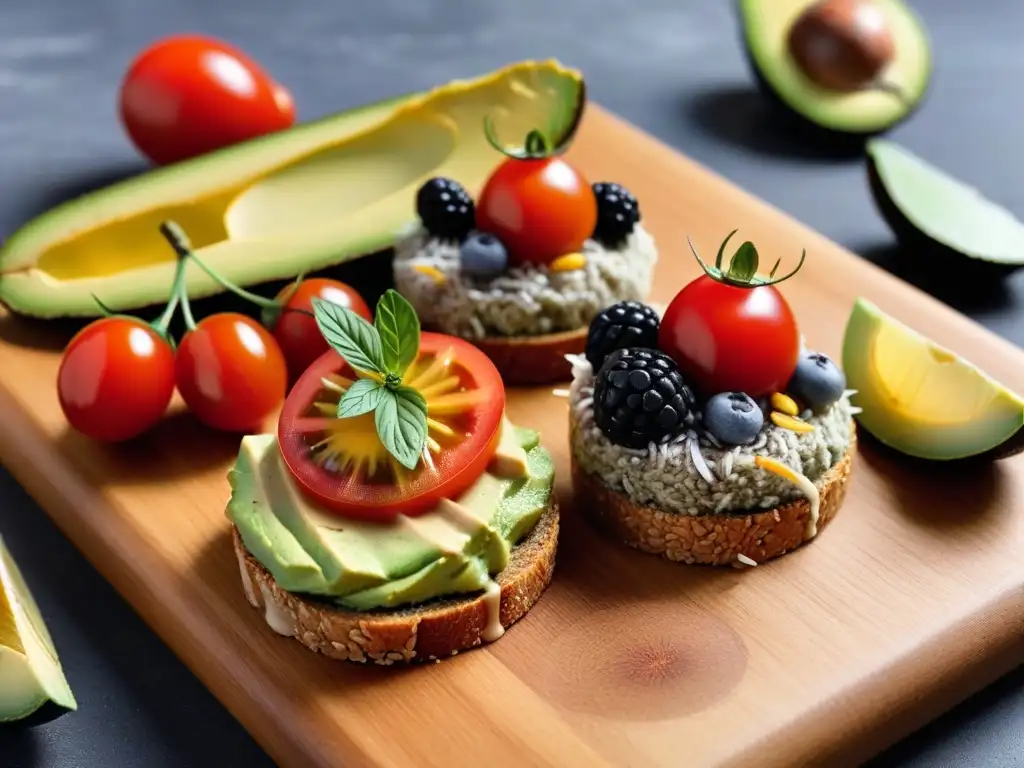 Una selección vibrante de meriendas veganas sin gluten en tabla de madera