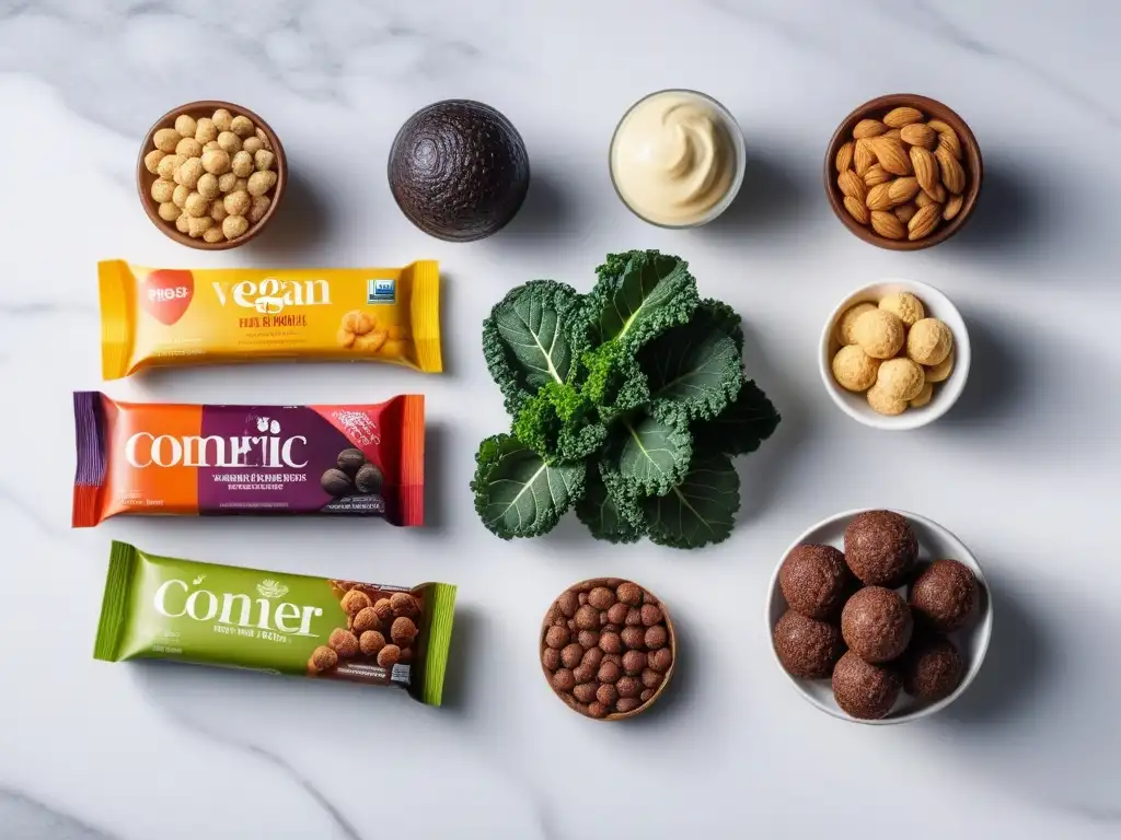 Una selección vibrante y moderna de Snacks veganos sustitutos deliciosos en un elegante mostrador de mármol blanco