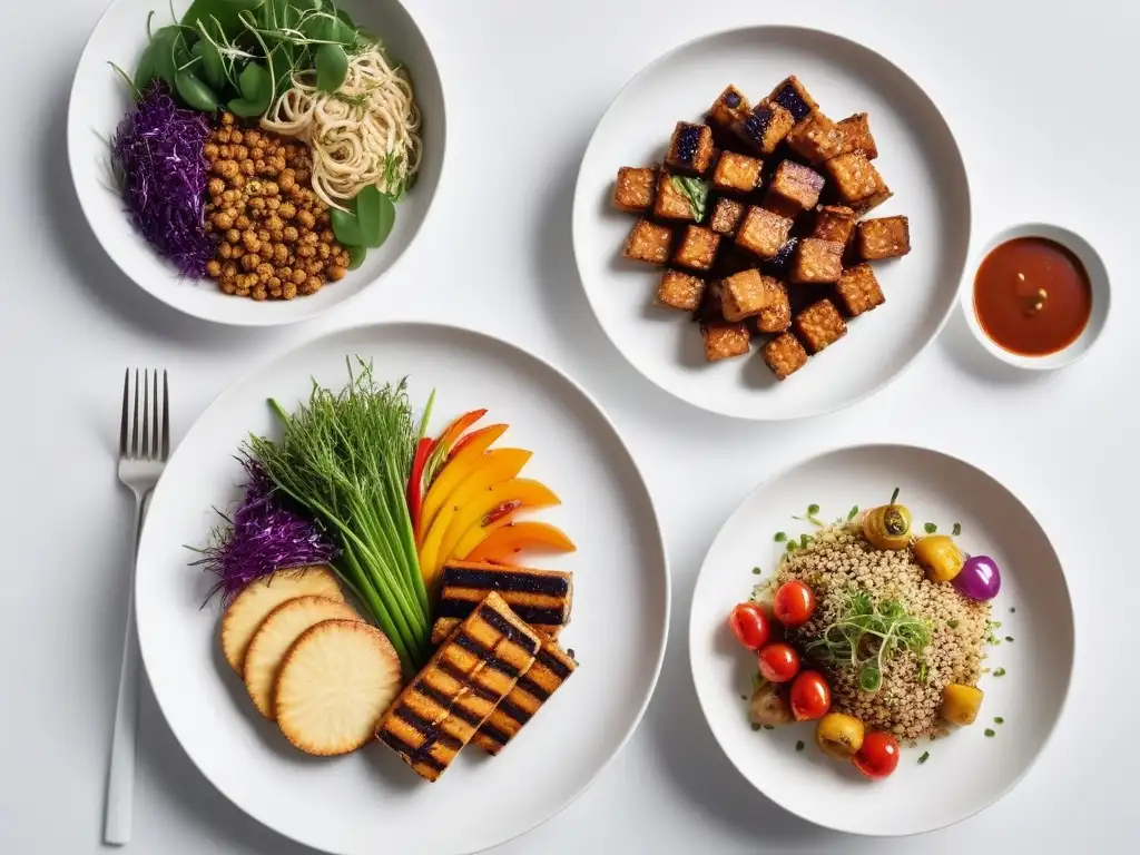 Una selección vibrante de platos de tempeh coloridos en un plato de cerámica blanca, exudando frescura y arte culinario