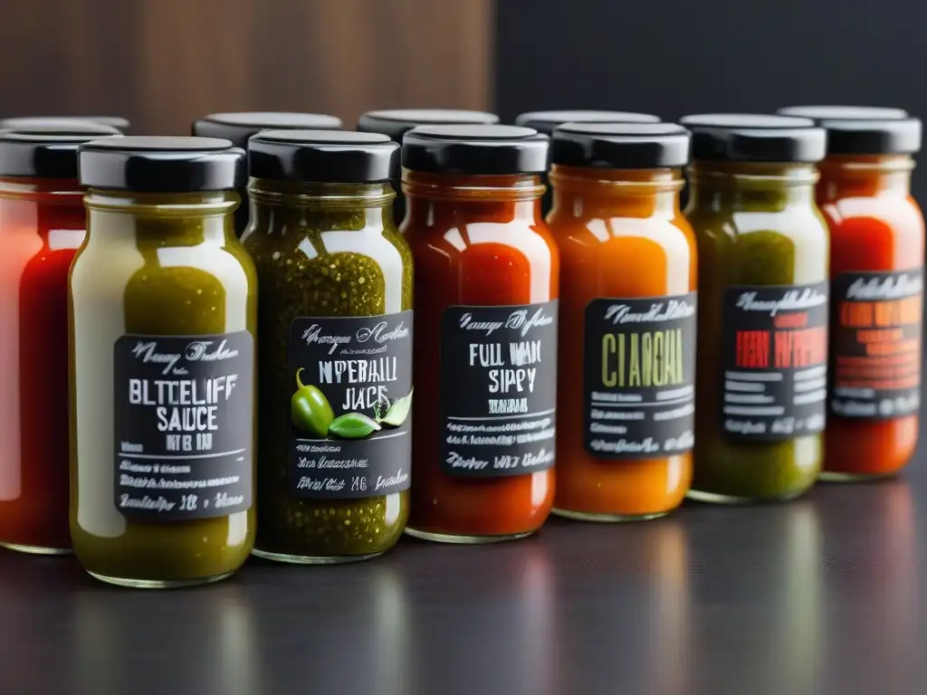 Una selección vibrante de salsas picantes veganas en tarros de cristal, mostrando niveles de intensidad y colores, adornadas con hierbas frescas