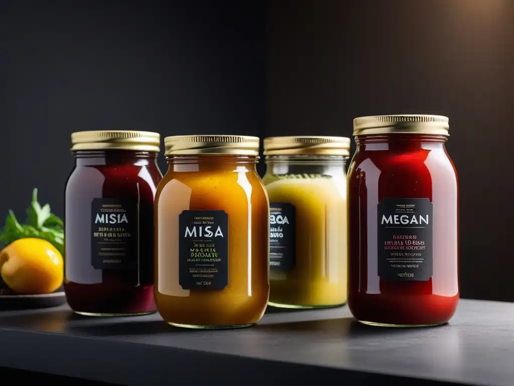 Una selección vibrante de salsas veganas fermentadas umami en elegantes frascos de vidrio, con etiquetas detalladas y cocina chic de fondo