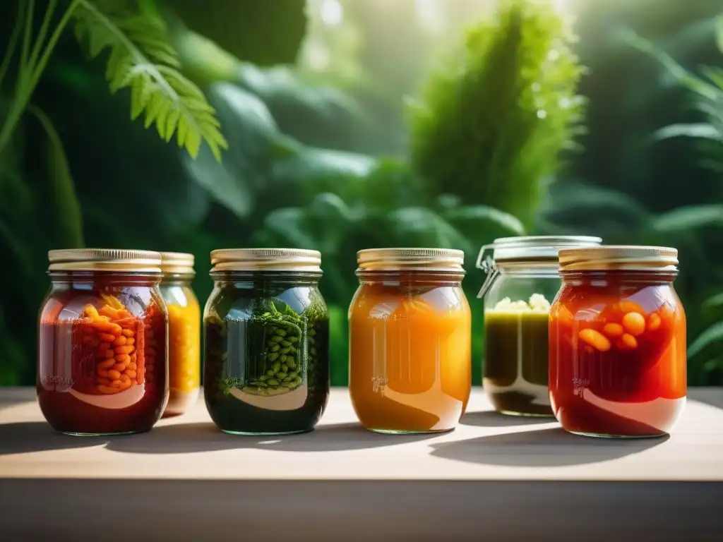 Una selección vibrante de superalimentos fermentados para veganos en frascos de vidrio, rodeada de plantas verdes exuberantes