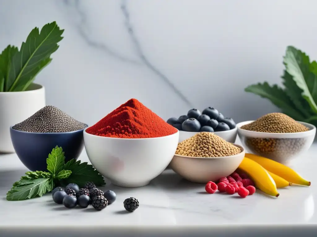 Una selección vibrante de superalimentos veganos frescos y coloridos en una cocina minimalista