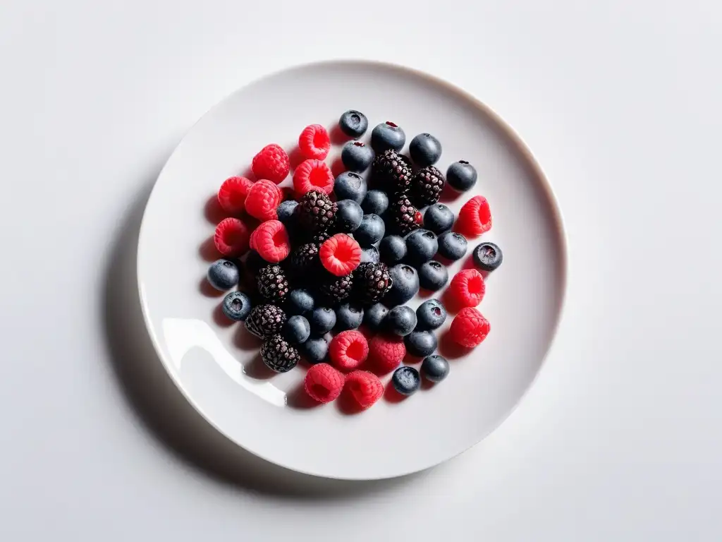 Una selección vibrante de superberries en un plato blanco brillante, con gotas de agua resplandecientes