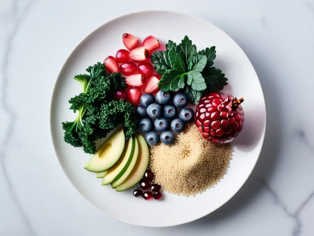 Una selección vibrante de superfoods veganos en un plato blanco moderno, resplandeciendo bajo una luz natural