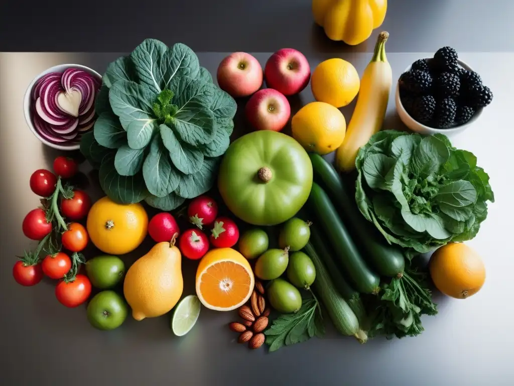 Una selección vibrante y variada de frutas y verduras, ideal para la dieta vegana para deportistas