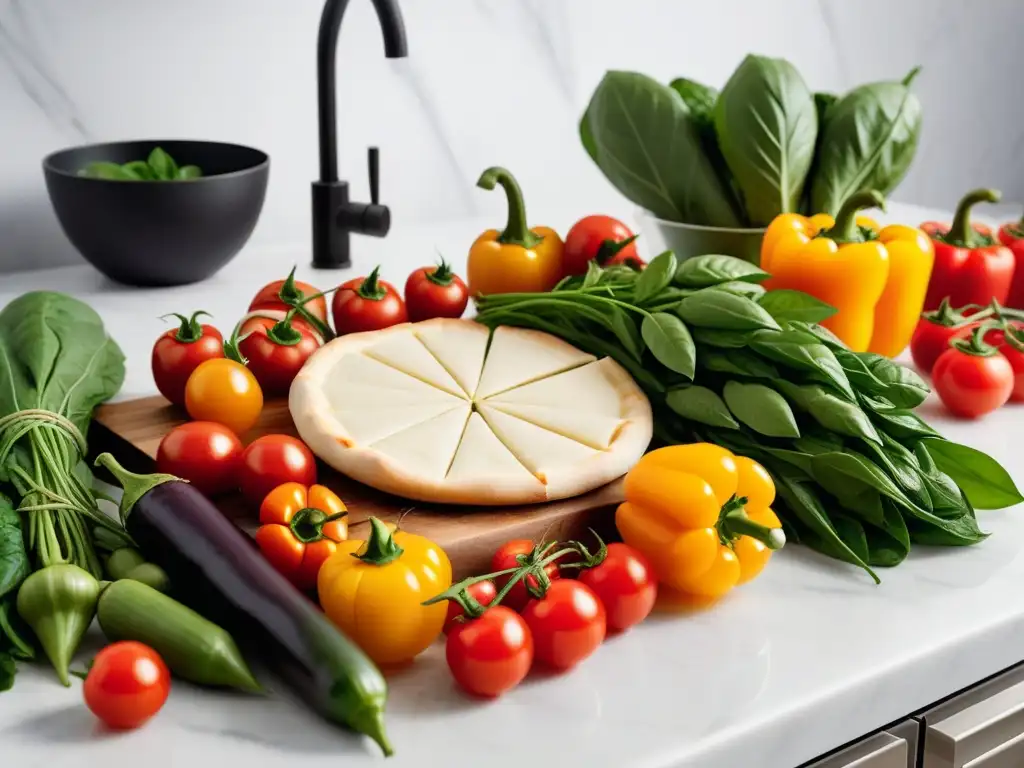 Una selección vibrante de vegetales frescos sobre mármol blanco