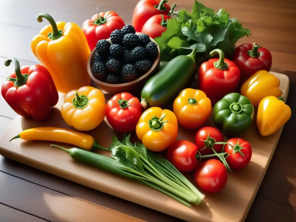 Una selección vibrante de vegetales y frutas frescas en una tabla de cortar de madera, goteando frescura y salud