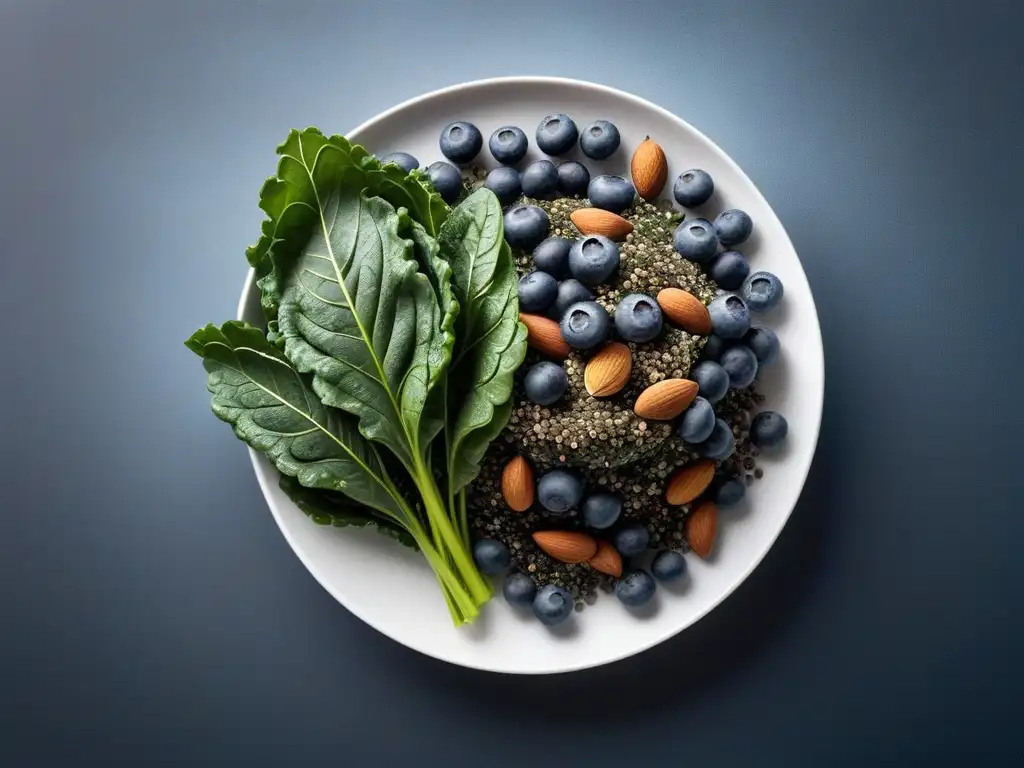 Una selección de vibrantes superfoods veganos en un plato blanco moderno, colores y texturas en armonía