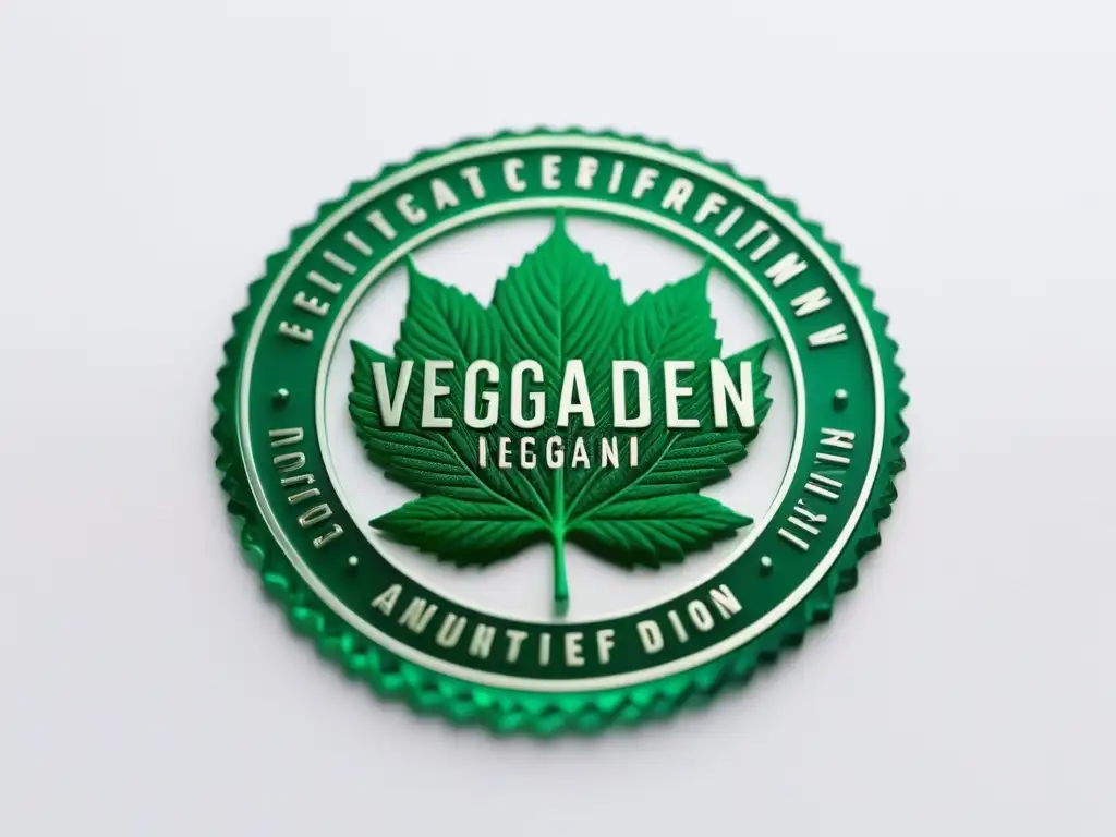 Sello de certificación vegana en verde vibrante sobre fondo blanco, transmitiendo pureza y profesionalidad