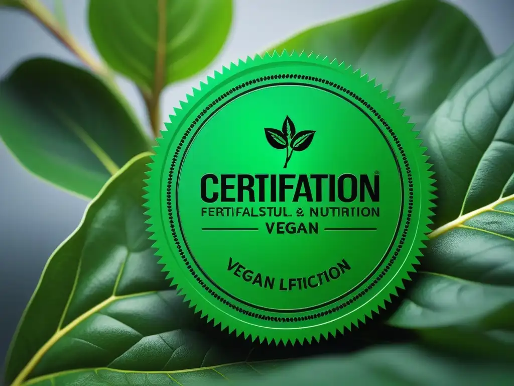 Sello de certificación nutrición vegana con diseño moderno y vibrante, resaltando la importancia de las certificaciones en la alimentación vegana