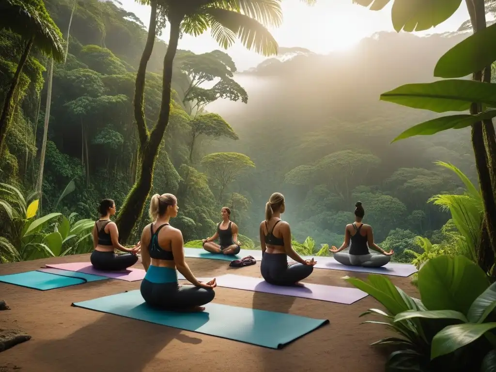 Sesión de yoga en la selva costarricense con diversidad de practicantes en Retiros veganos en Costa Rica