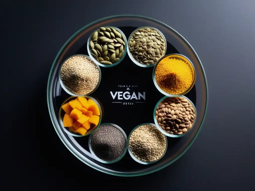 Semillas clave para una dieta vegana: chia, lino, calabaza, girasol y cáñamo en diseño moderno y colorido