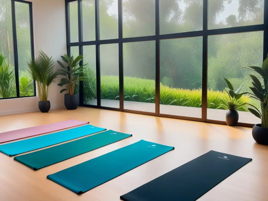 Serenidad en estudio yoga con mats pastel y plantas verdes