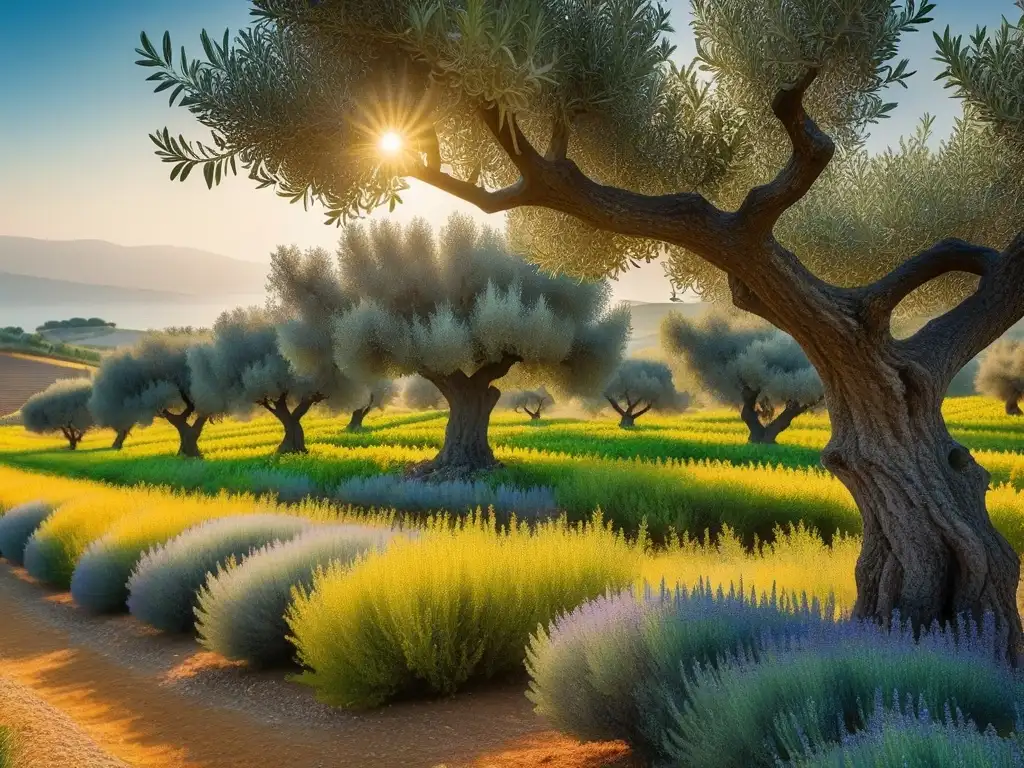 Amanecer sereno en un olivar mediterráneo vibrante, con árboles repletos de aceitunas maduras