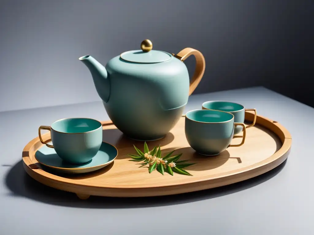 Set de té de lujo en bambú sostenible con detalles dorados y elegancia natural