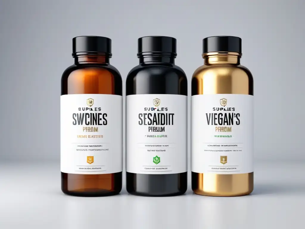 Dos sets de botellas de suplementos veganos: uno premium y elegante, el otro estándar y básico, resaltando calidad y valor