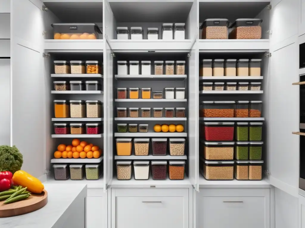 Un sistema de organización de despensa en una cocina moderna y elegante con recipientes de almacenamiento de alimentos veganos