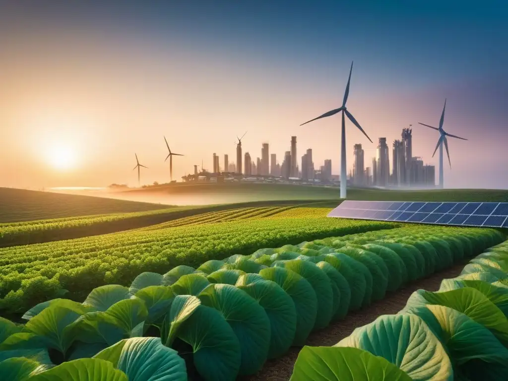 El skyline de una ciudad futurista con edificios veganos sostenibles, jardines en azoteas, paneles solares y turbinas eólicas, mostrando una integración armónica de tecnología y naturaleza en un entorno urbano al atardecer, simbolizando el futuro de la innovación sostenible en