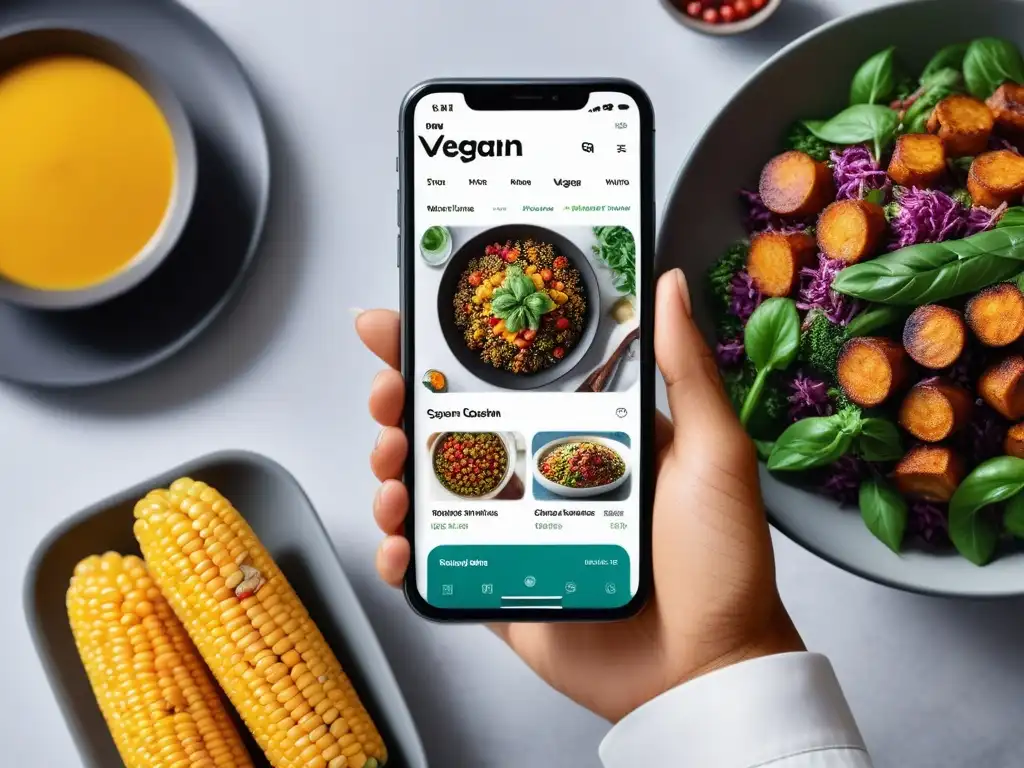 Un smartphone muestra una app cocina vegana vibrante y detallada en alta resolución