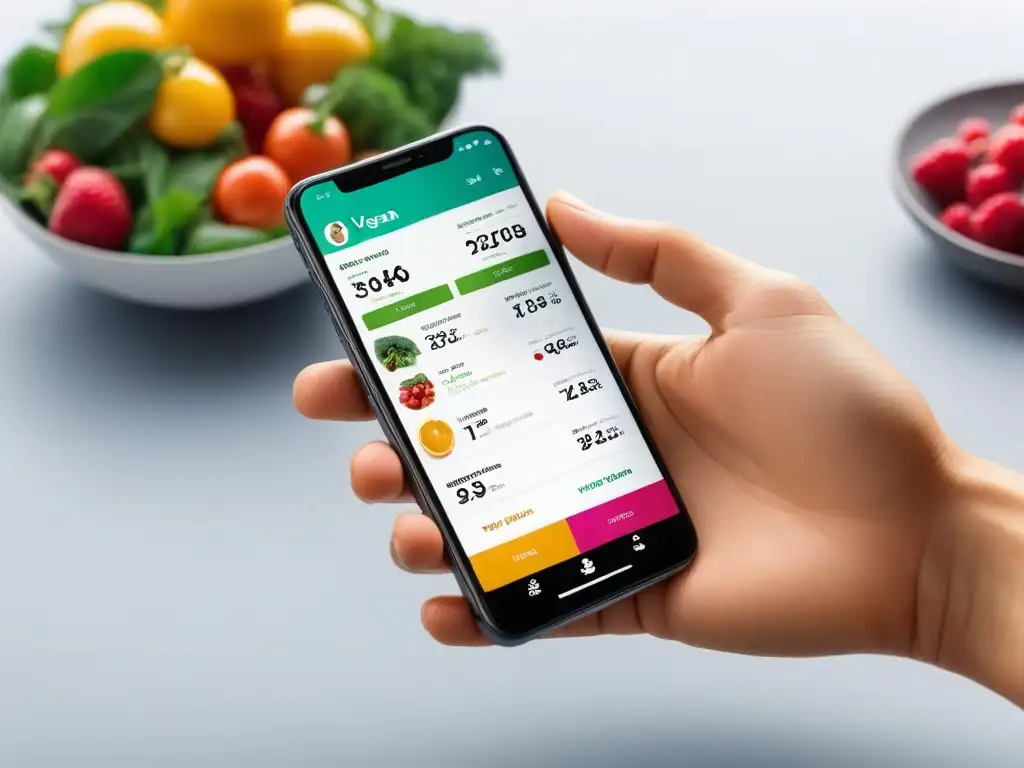 Un smartphone muestra una app para foodies veganos con gráficos de alimentos y planes de comidas