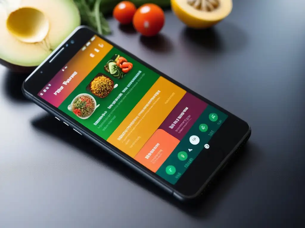 Un smartphone muestra una app de recetas veganas internacionales con platos coloridos y detallados