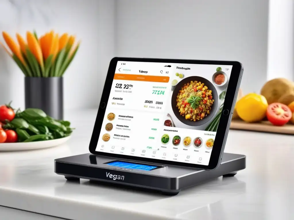 Un smartphone elegante y gadgets de cocina innovadores muestran apps de recetas veganas