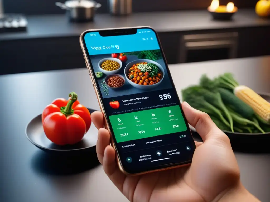 Un smartphone futurista muestra una app de cocina vegana en realidad aumentada