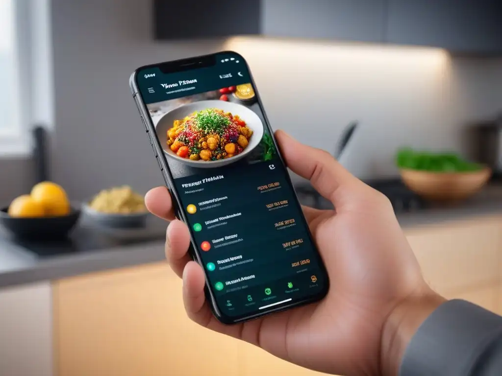 Un smartphone futurista muestra app de recetas veganas con funciones ocultas