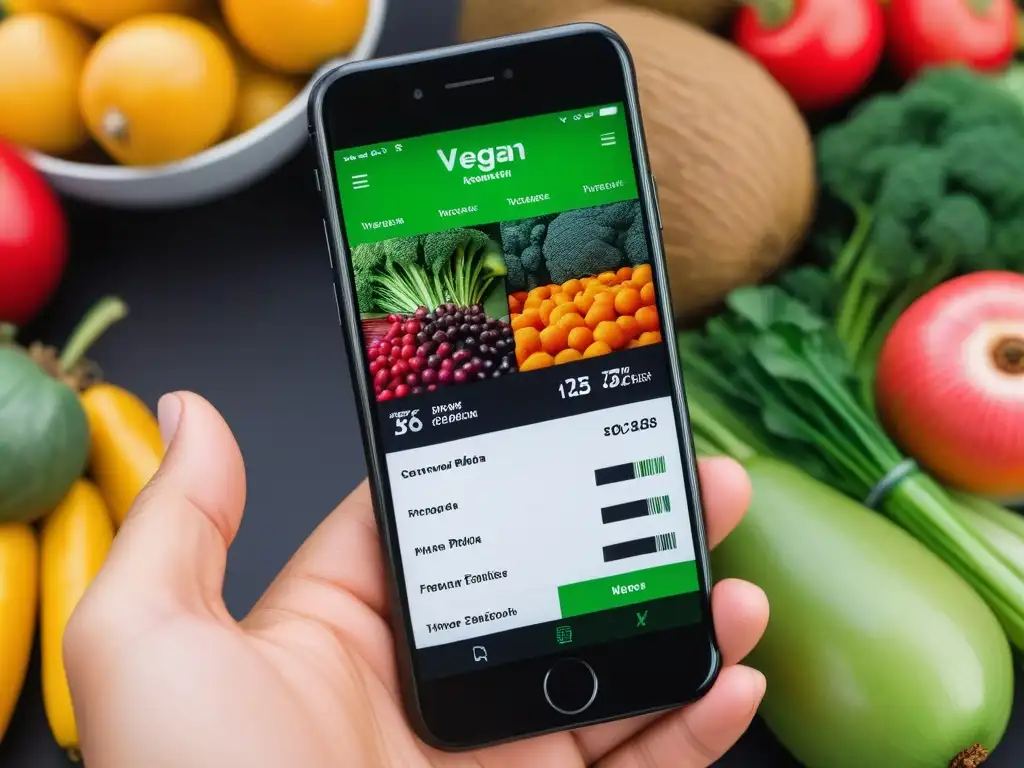 Un smartphone futurista muestra una app de seguimiento nutricional vegana en un mercado, ideal para 'Aplicaciones seguimiento nutricional vida vegana'