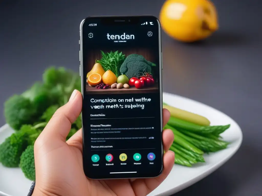 Un smartphone moderno muestra aplicaciones innovadoras de dieta vegana en una cocina elegante y saludable