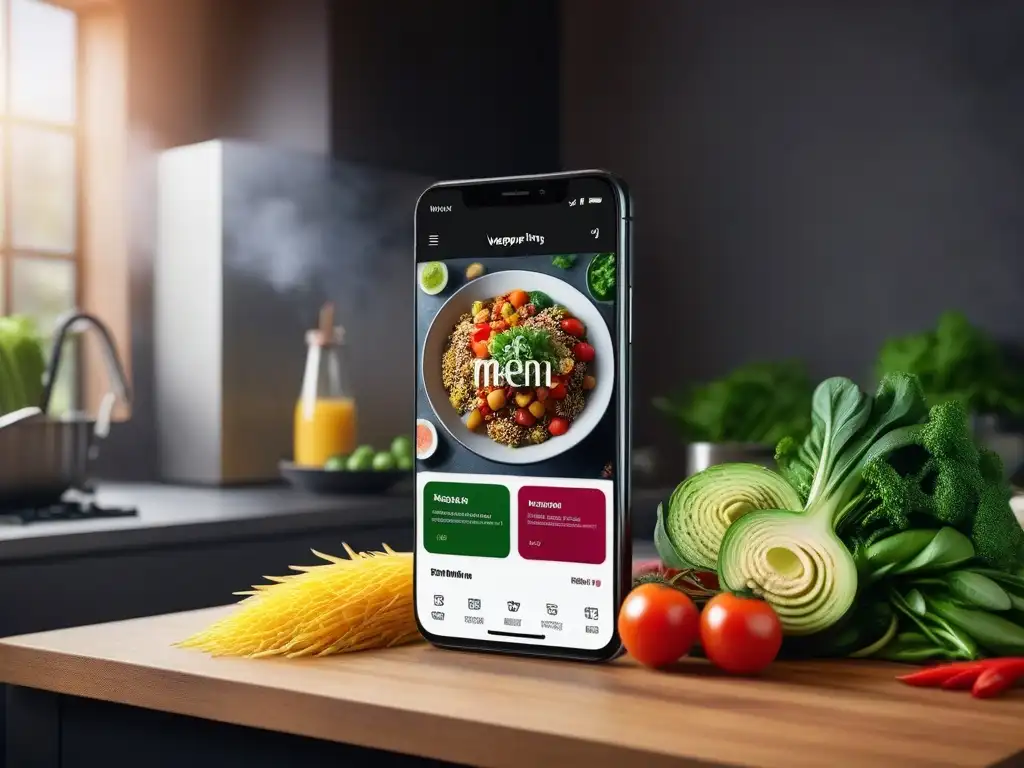 App vegana: planificación de menú saludable con smartphone Un smartphone moderno muestra una app para menús veganos saludables en una cocina elegante