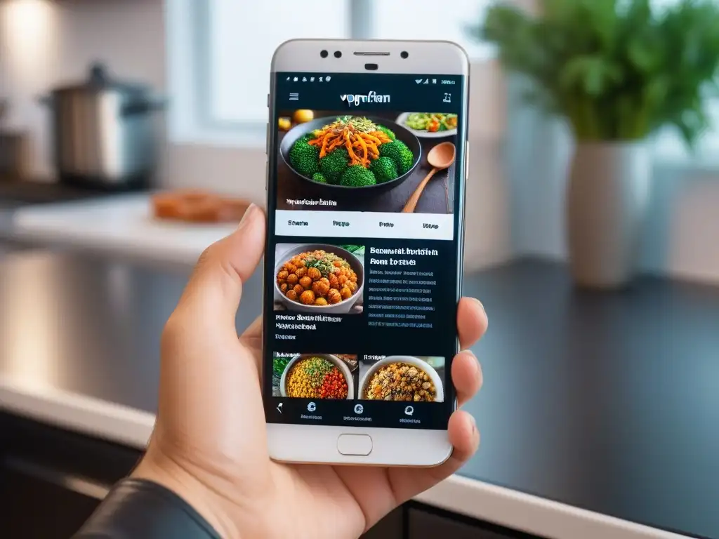 Un smartphone moderno muestra una app de recetas veganas por temporada actualizadas en una cocina elegante y luminosa