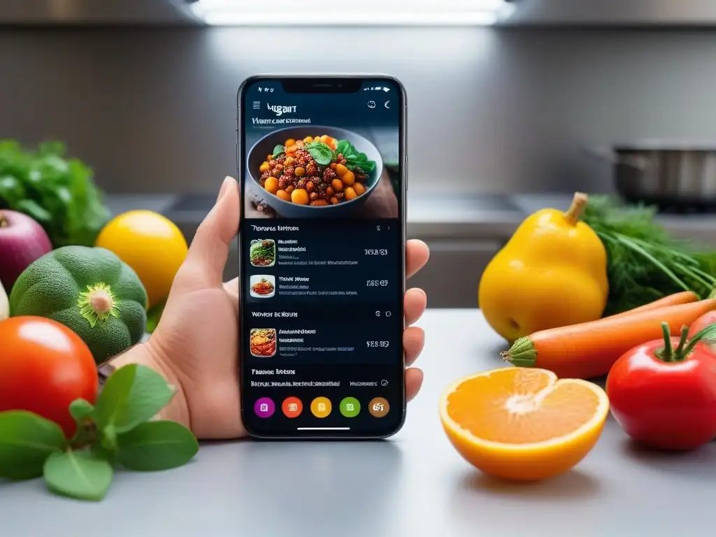 Un smartphone moderno muestra una app de recetas veganas por temporada actualizadas con ingredientes frescos y coloridos