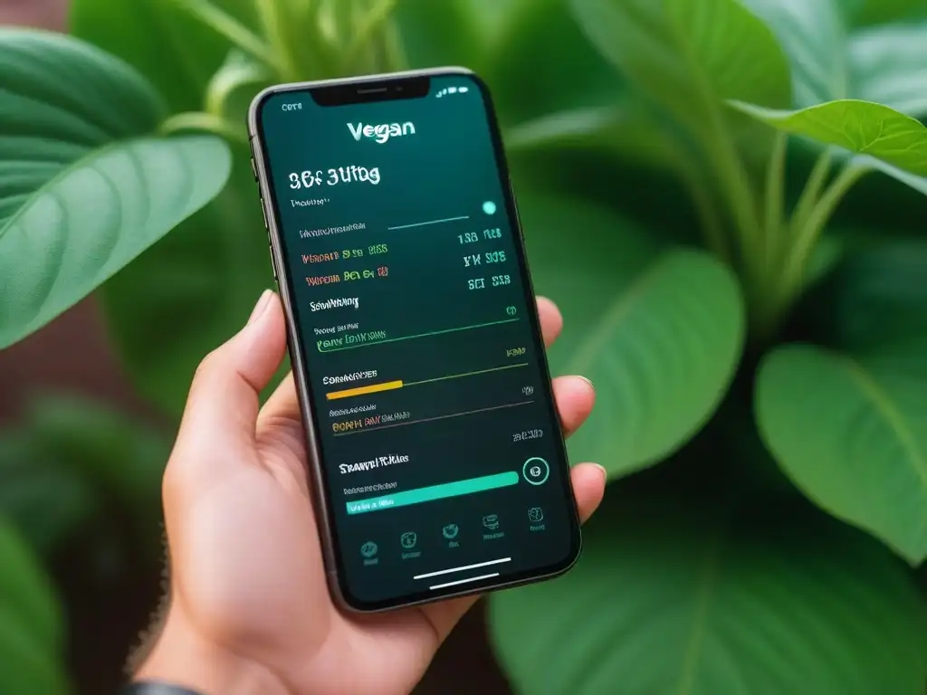 Un smartphone moderno muestra una app vegana de conteo de calorías con gráficos coloridos de alimentos vegetales