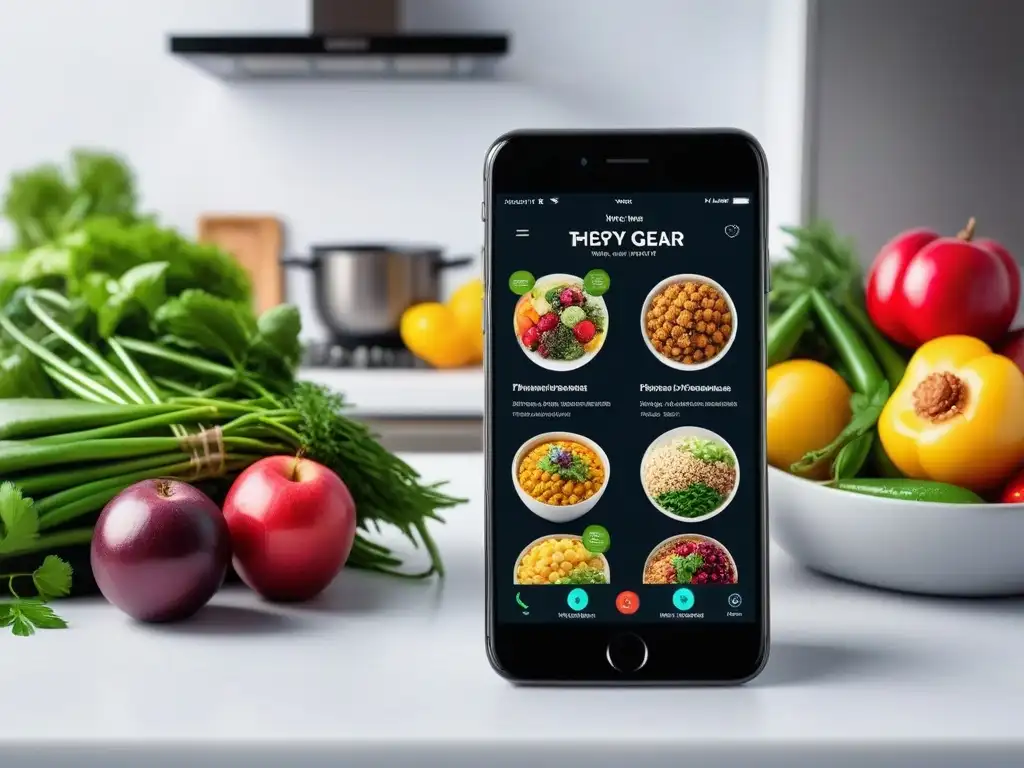 Un smartphone moderno con apps de recetas veganas rápidas y fáciles, en una cocina organizada y vibrante