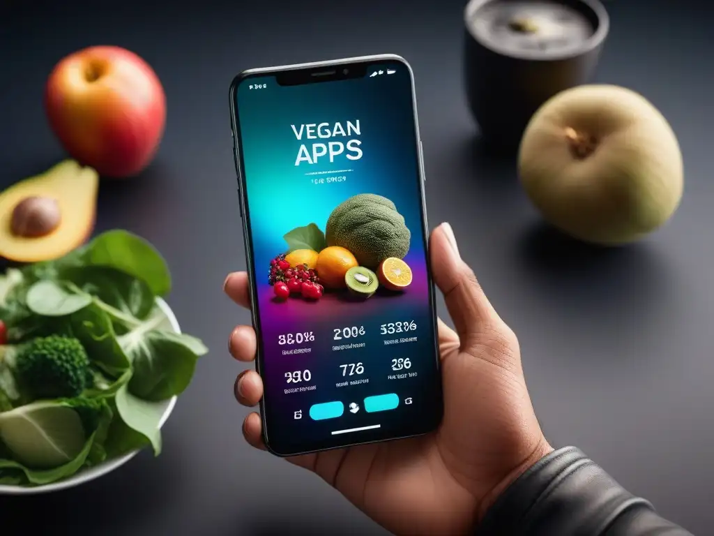 Un smartphone moderno muestra apps veganas de equilibrio nutricional en iconos coloridos y detallados