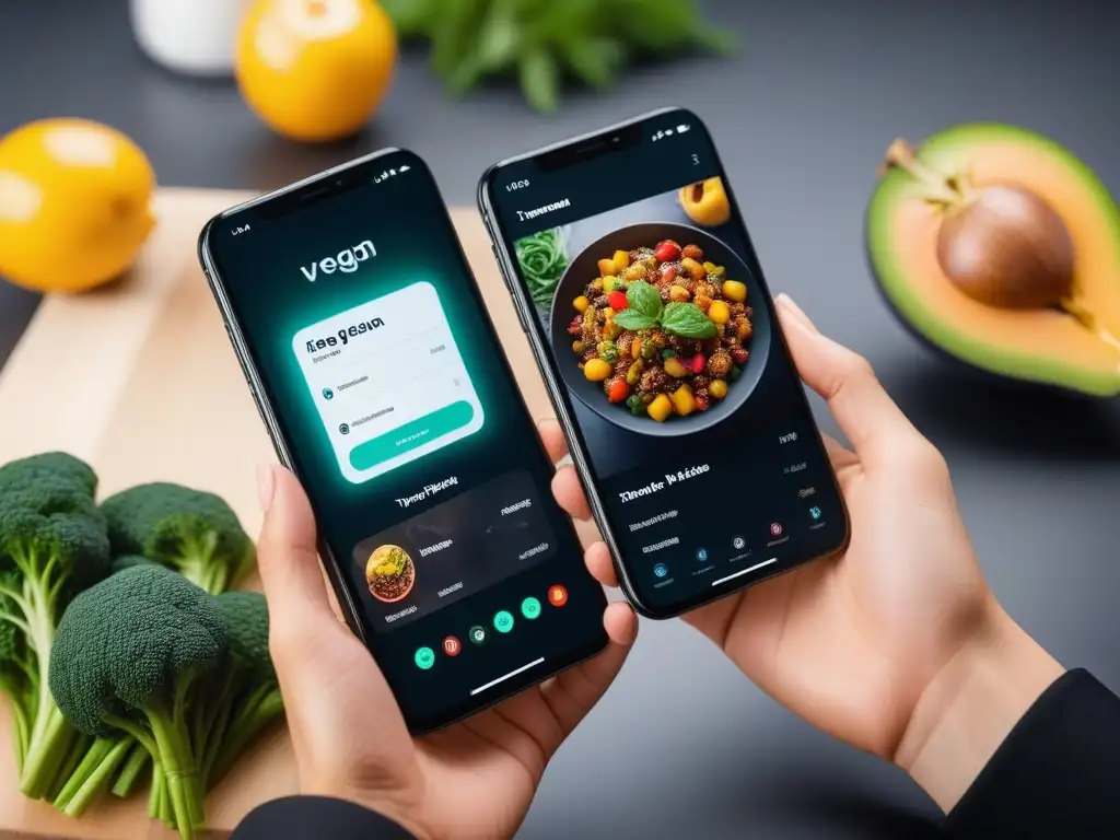 Dos smartphones muestran apps de recetas veganas: una gratis con platos coloridos y la otra paga con diseño profesional y exclusivas recetas