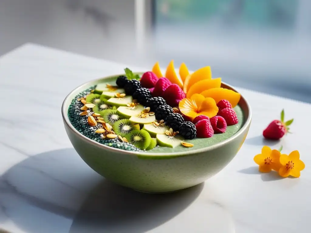 Un smoothie bowl verde vibrante con espirulina, frutas, semillas y flores comestibles, en una encimera de cocina de mármol con luz natural