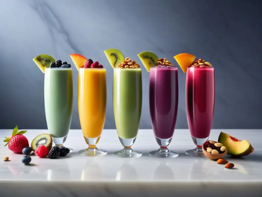 Smoothies veganos saludables y deliciosos en vasos altos, coloridos y decorados con frutas frescas, frutos secos y semillas