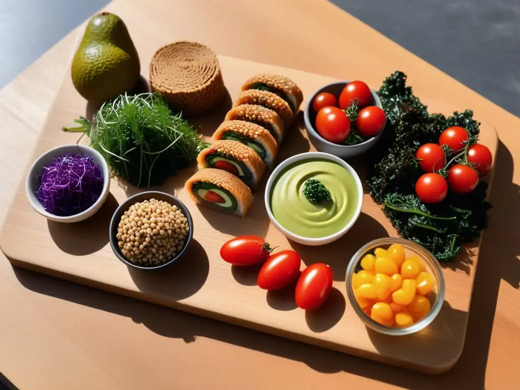 Snacks veganos para picar: Deliciosos bocados coloridos y frescos en una presentación vibrante y moderna