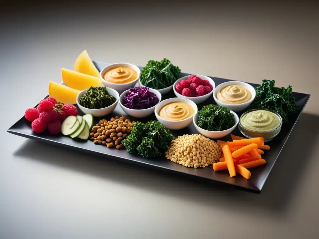 Snacks veganos originales y deliciosos: platos coloridos y vibrantes, perfectamente dispuestos en una bandeja elegante