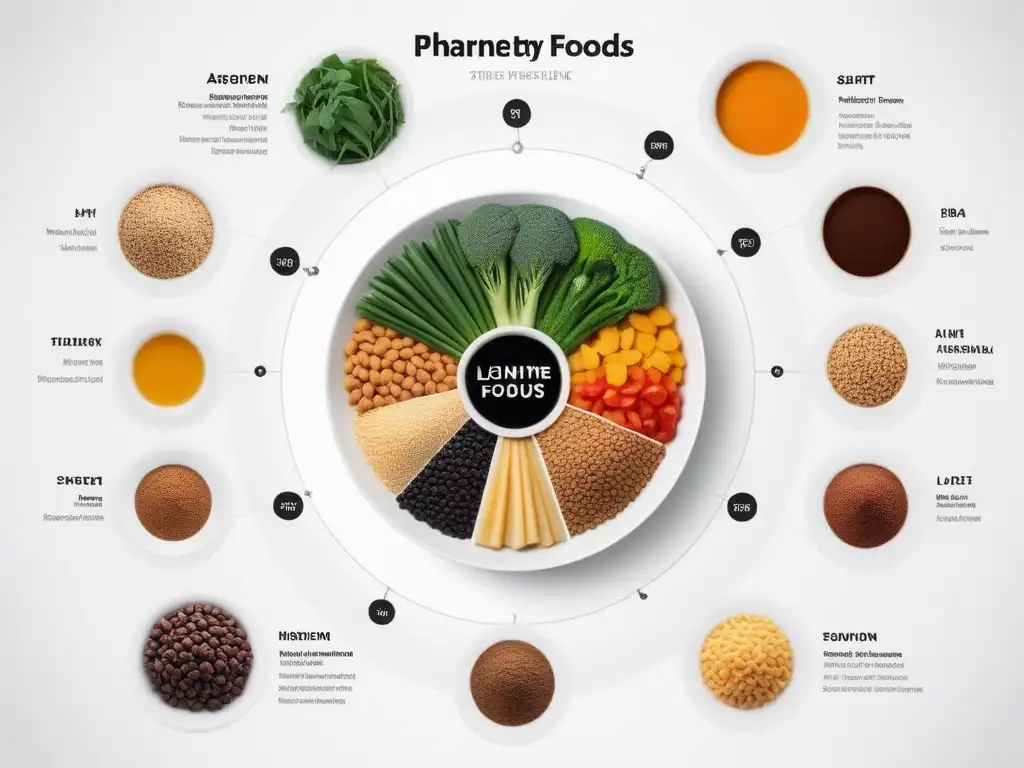 Infografía sofisticada de alimentos vegetales ricos en hierro y proceso de absorción en el cuerpo humano