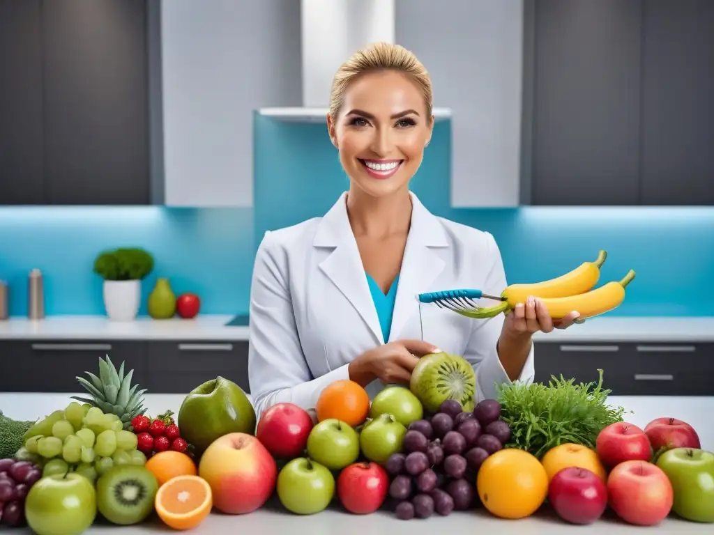 Sonriente persona con dientes blancos perfectos sostiene frutas y verduras coloridas en un consultorio dental moderno